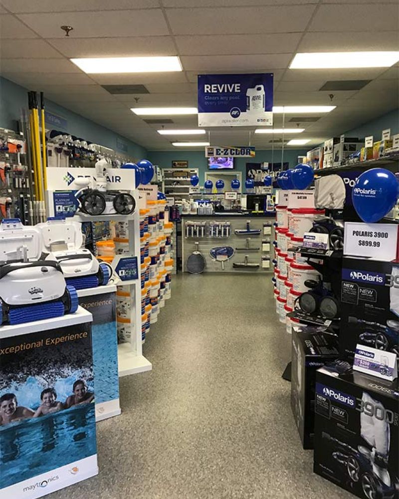 Interior of Blue Wave Pool Supplies store.
