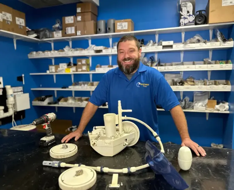 In-store pool equipment maintenance by Blue Wave.