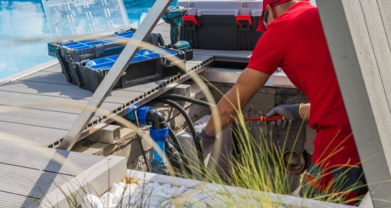 Man working on pool filter.